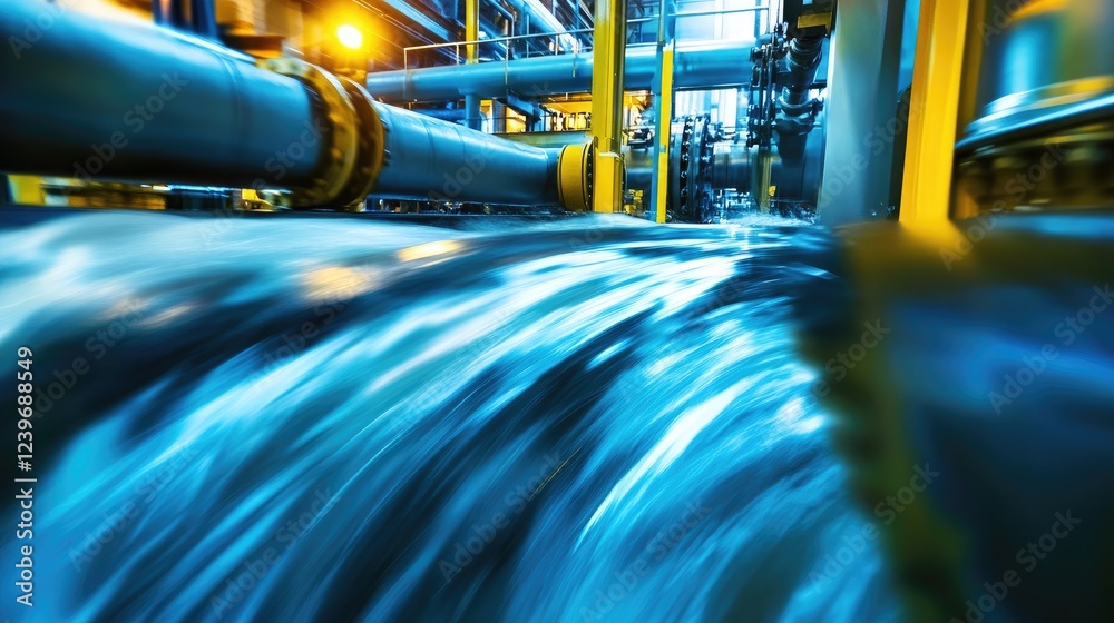Poster water flows inside a pipe, swirling and creating motion, as vibrant machinery in the background adds