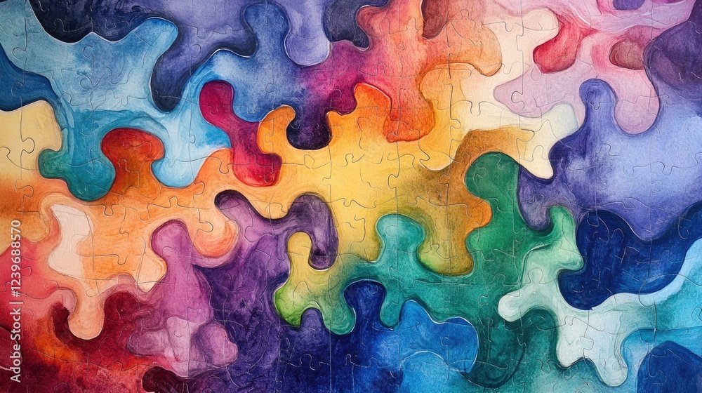 Poster watercolor puzzle pieces come together in a fluid pattern, representing unity, integration, and dive