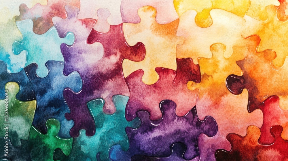 Poster watercolor puzzle pieces come together in a fluid pattern, representing unity, integration, and dive