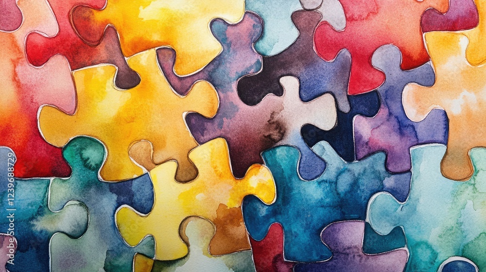 Poster watercolor puzzle pieces come together in a fluid pattern, representing unity, integration, and dive