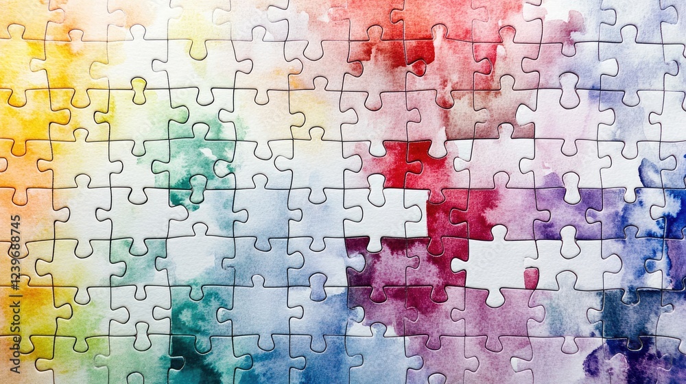 Poster watercolor puzzle pieces interlock in a design that symbolizes diversity, unity, and integration, us