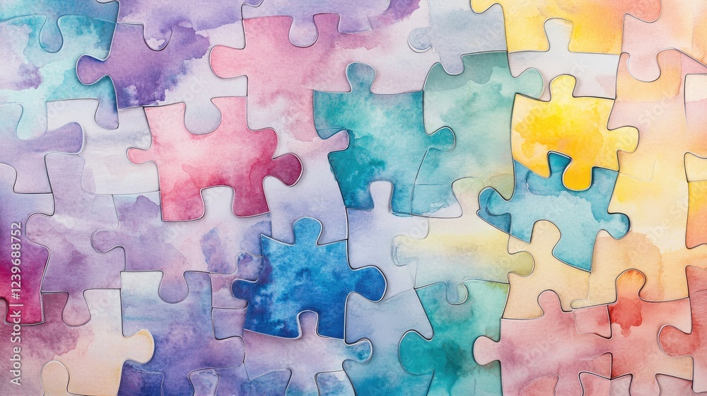 Poster watercolor puzzle pieces interlock in a design that symbolizes diversity, unity, and integration, us