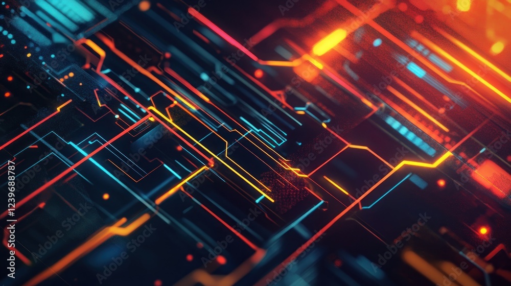 Sticker Abstract glowing circuit board with vibrant neon lines for technology concept