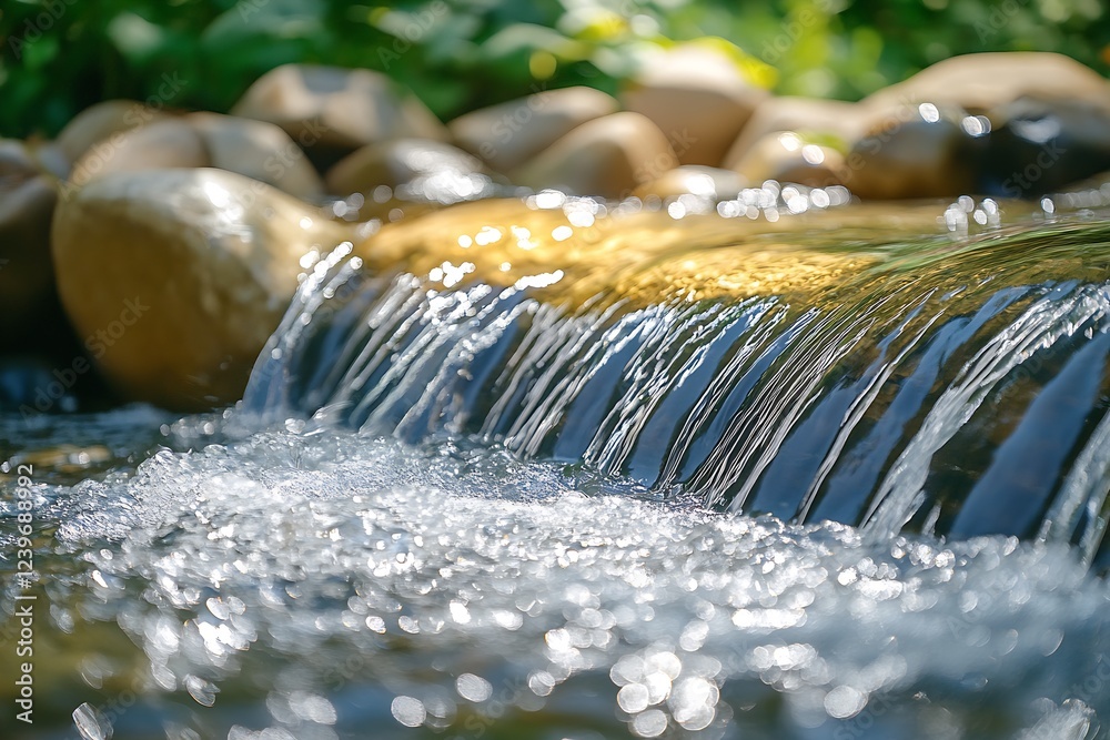 Poster tranquil close-up of a natural water stream flowing over rocks in sunlight : generative ai
