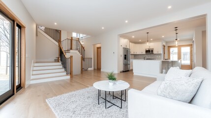 Fototapeta premium Modern open-plan home interior, stairs, kitchen view