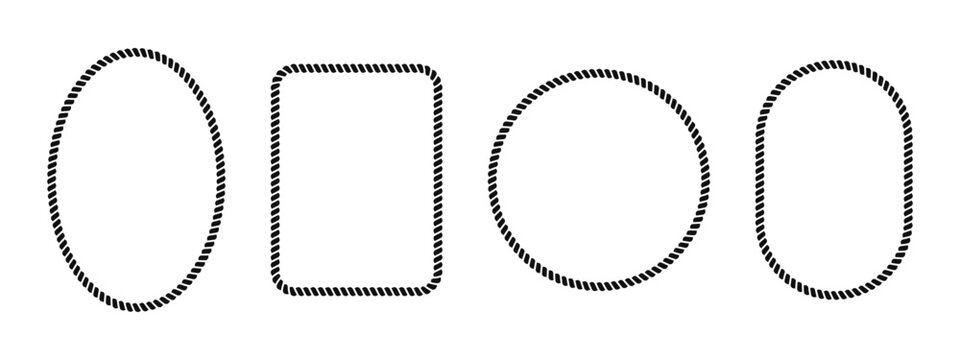 Set of oval, rectangle and round rope frames. Shapes with cord, thread or cable texture isolated on white background. Vignettes for picture or photo in nautical style. Vector flat illustration.
