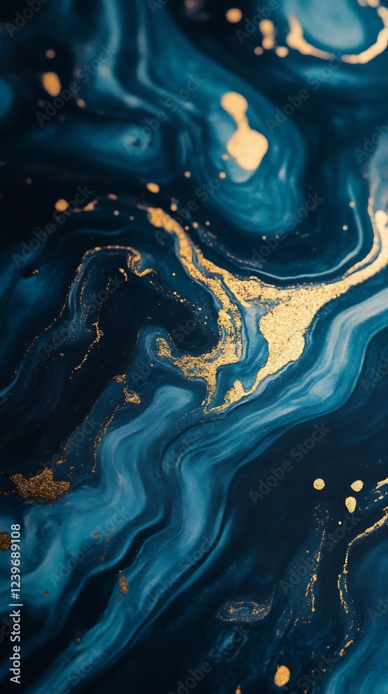 Poster abstract swirling blue and gold artwork with smooth waves and sparkling details : generative ai