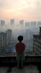 A child stands on a rooftop and observes a foggy cityscape during a misty sunrise.