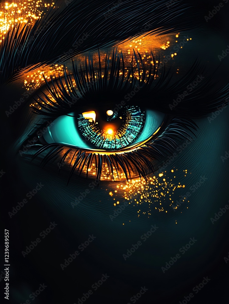Poster stunning close up of an artistic eye with sparks of light and colorful detail : generative ai