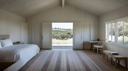 Minimalist Bedroom Interior Opens to Tranquil Landscape with Rolling Hills and Lush Greenery