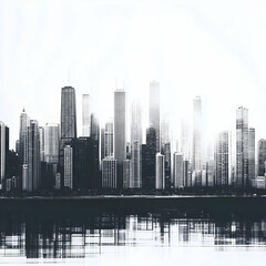 Fototapeta premium Abstract Black and White Cityscape Reflects in Distorted Water with Modern Architectural Design.