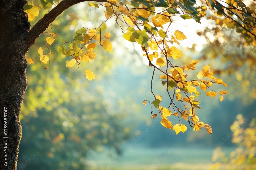 Aufkleber bright autumn leaves shining in golden sunlight during early morning hours in a serene park setting.