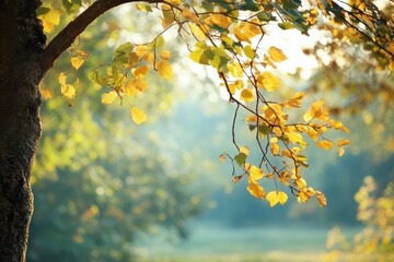 Bright autumn leaves shining in golden sunlight during early morning hours in a serene park setting. Generative AI