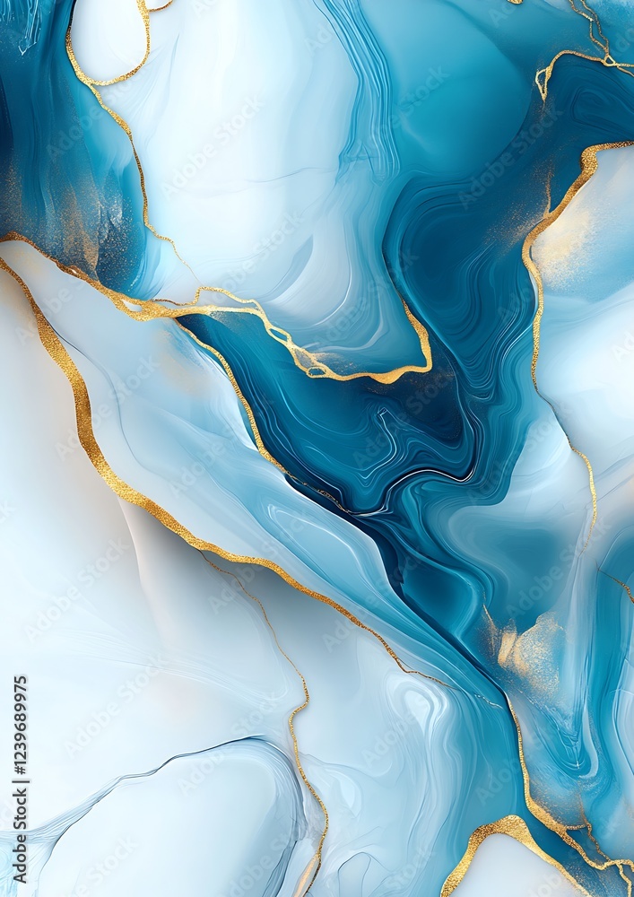 Aufkleber abstract blue and white fluid art with golden accents creating a luxurious feel : generative ai