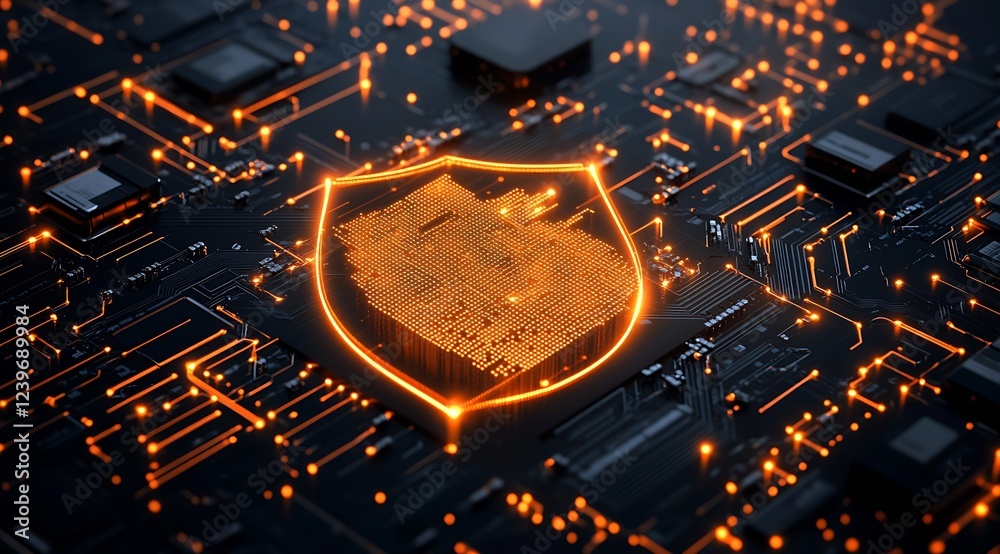 Aufkleber Cybersecurity Shield with Circuit Background and Digital Grid Pattern in Vibrant Orange : Generative AI