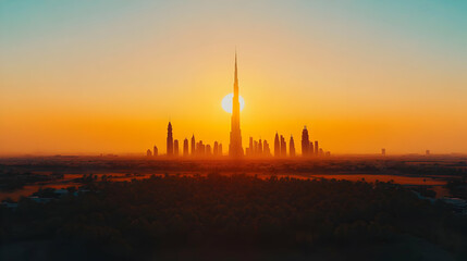 Obraz premium Modern Metropolis Silhouetted Against a Vibrant Sunset, Painting the Sky in Warm Hues Over the Cityscape