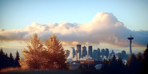 Fototapeta premium Cityscape at Sunset with Dramatic Clouds and Golden Trees Gracefully Adorning the Urban Landscape