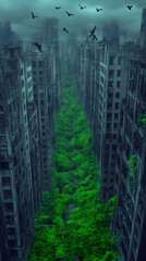 Abandoned Cityscape Reclaimed by Nature with Lush Greenery and Birds Soaring Above