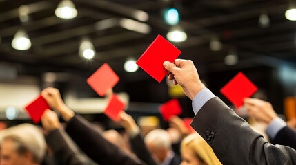  Intense bidding moment at an auction house with bidders raising paddles under spotlight, capturing the dynamic and competitive atmosphere of the auction event