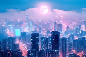 Fototapeta premium Cityscape illuminates under a mystical full moon, casting a magical glow on urban architecture.
