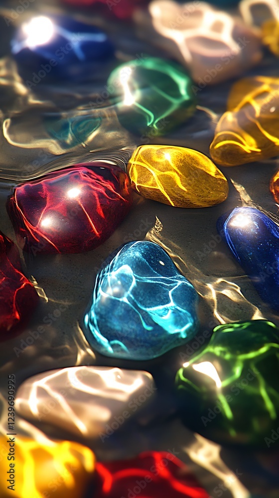Aufkleber colorful pebbles under water creating a vibrant mosaic in a serene natural setting : generative ai