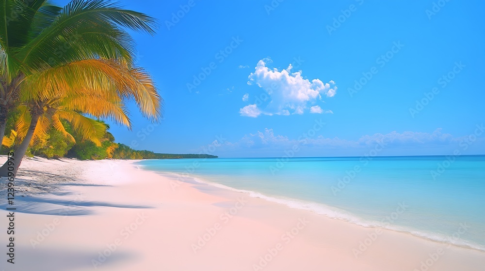 Poster pristine tropical beach with palm trees and azure waters under bright blue sky : generative ai