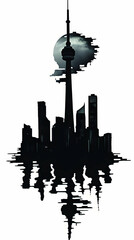 Obraz premium Silhouette Cityscape with Tower and Moon Reflects on Water Surface Beautifully at Night