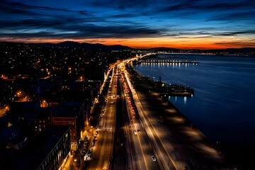 Fototapeta premium Coastal Cityscape Illuminates at Night Under a Vibrant Sunset Sky, Captured from Above.