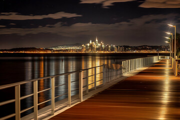 Obraz premium Wooden Pier Stretches Towards Illuminated Cityscape Across Calm Water at Night