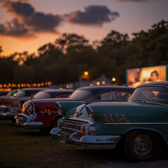 Old-School Drive-In Movie Theater at Dusk with Vintage Cars Parked in Rows and a Black-and-White Film Playing on the Big Screen, Capturing Retro Nostalgia and Charm