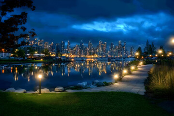 Obraz premium Cityscape Reflects in Calm Water at Night with Lighted Pathway Along Shore Tranquilly.