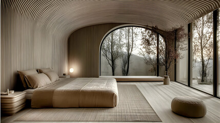 Fototapeta premium Modern Minimalist Bedroom Design Showcases Elegant Wood Paneling and Curved Ceiling with Nature View