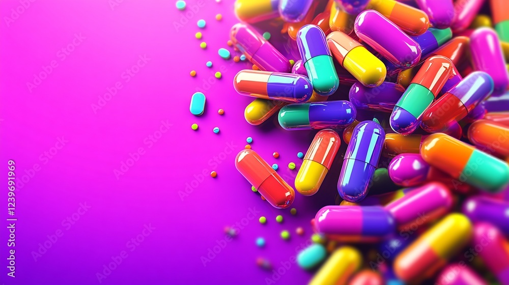 Poster vibrant colorful pills capsules against a gradient background for health and wellness : generative a