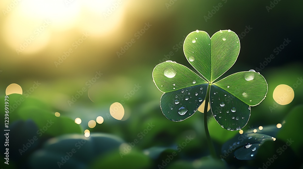 Poster Four Leaf Clover with Water Droplets in Soft Sunlight on Blurred Background : Generative AI