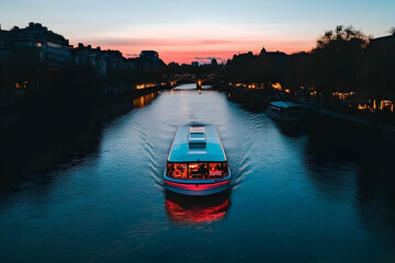 Naklejka premium Passenger Boat Cruises Down a Tranquil River at Sunset with City Skyline Silhouetted in the Background