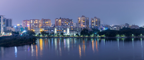 Hyderabad cityscape panoramic view in night time in Telangana state, India.