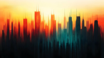 Abstract Cityscape Painting at Sunset with Vertical Strokes and Vibrant Colors.