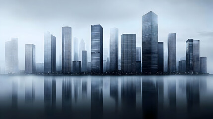 Obraz premium Modern Cityscape Reflects in Calm Water under a Misty Sky Beautifully and Serenely in the Early Morning