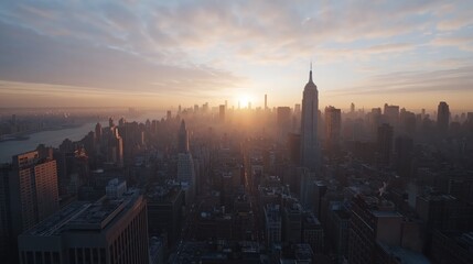 Hazy Cityscape Sunset Warm Golden Hour City Skyline