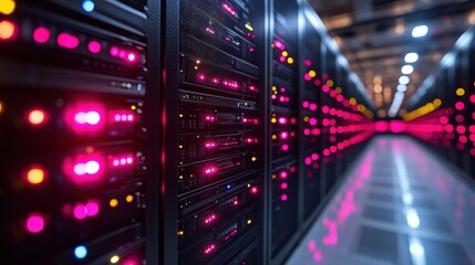 Vibrant server room with illuminated racks showcasing advanced technology in a data center
