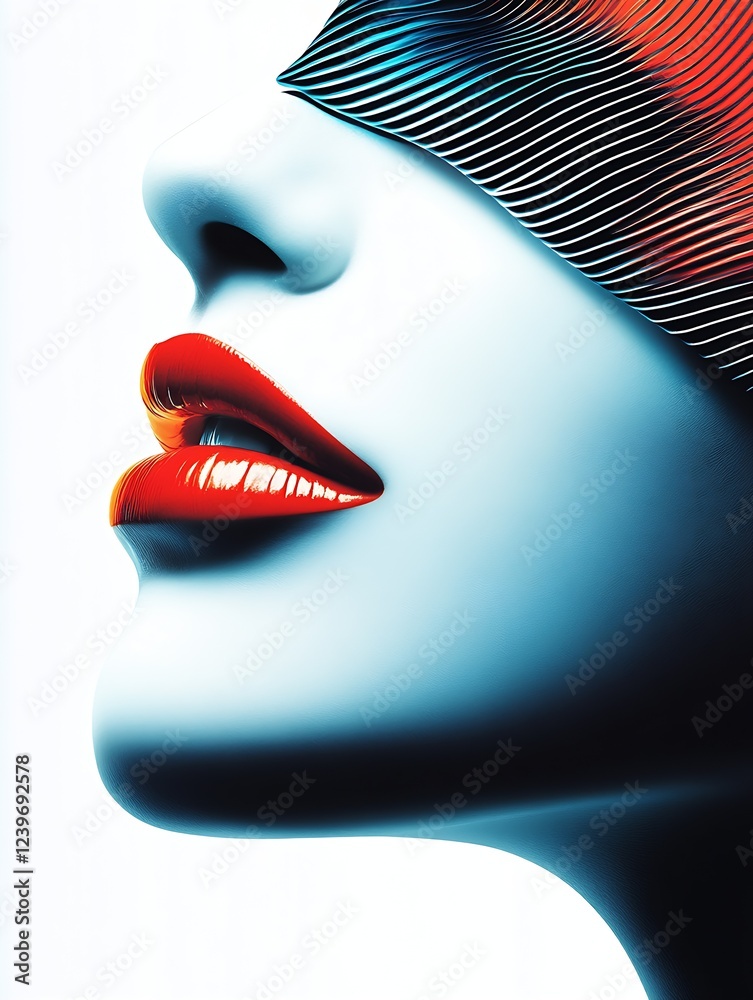 Poster stylish portrait of a woman with bold lips and artistic elements highlighted in vibrant colors : gen