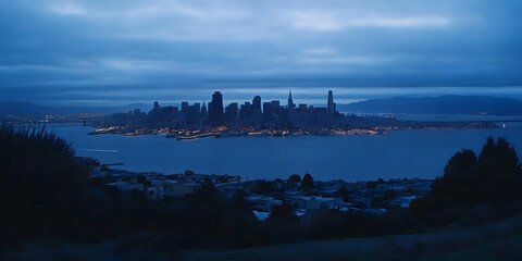 Fototapeta premium City Skyline Illuminates Across Dark Water under Cloudy Evening Sky with Distant Mountains