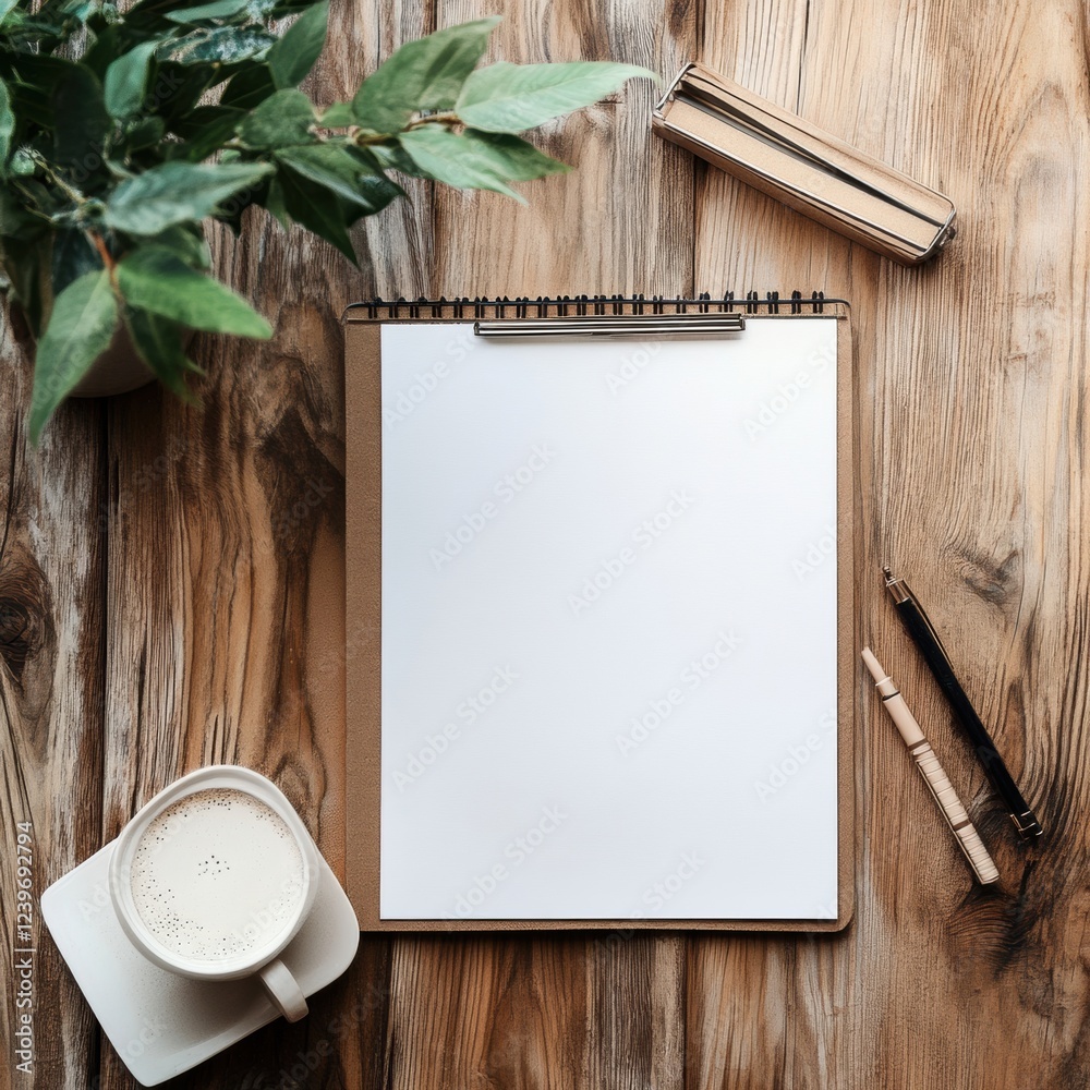Poster creative workspace with blank notepad coffee cup and plant on wooden table inviting productivity and