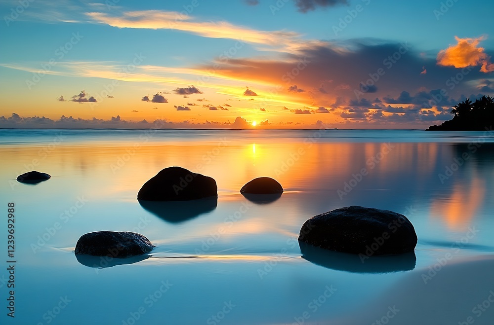 Poster breathtaking sunrise beach scene with rocks reflecting on calm water creating a peaceful atmosphere 