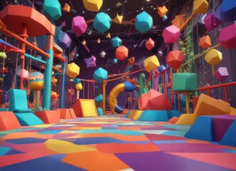 Colorful cartoon playground background with geometric shapes and abstract colors,  cartoon style,  colorful splash,  vector art