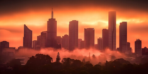 Cityscape silhouettes pierce through a mystical orange fog at sunrise with a dramatic sky in the background.
