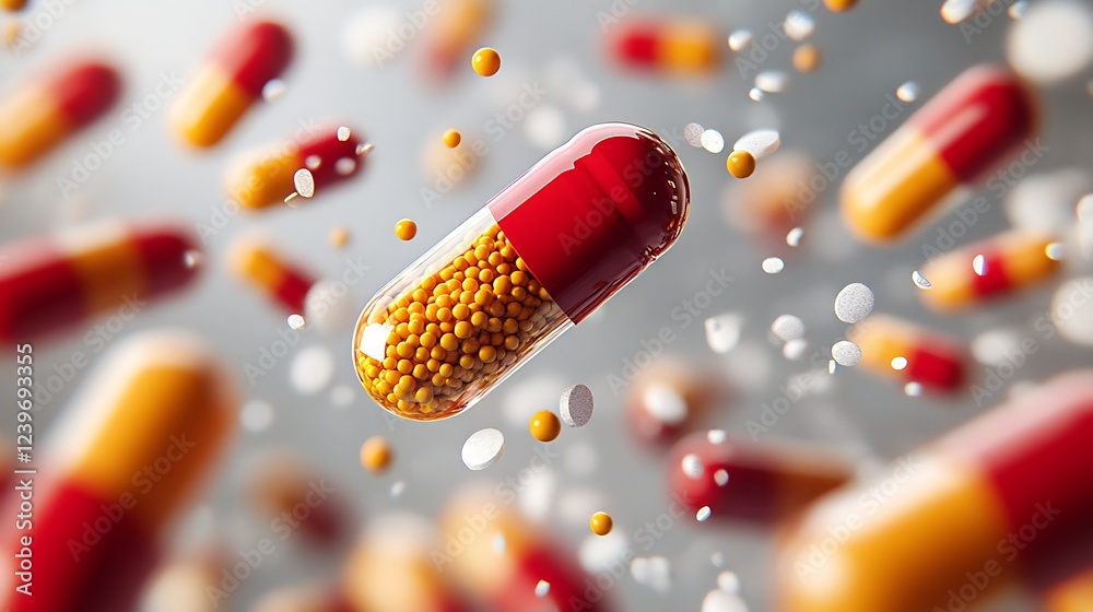 Poster 3D Rendering of a Capsule Flying Among Other Capsules for Pharmaceutical Concepts : Generative AI