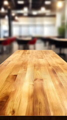 Empty Wooden Table Top with Blurred Office Background in Warm Lighting for Product Display.