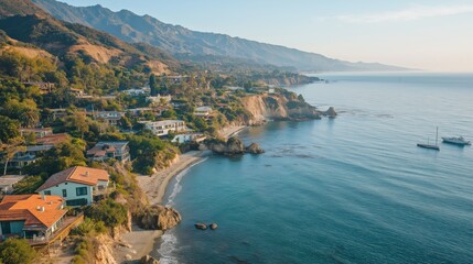 Coastal Town Aerial View Sunny Day, Ocean, and Mountain