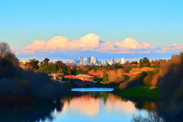 Fototapeta premium Serene Lake Reflects City Skyline Under Pastel Clouds at Sunset with Colorful Foliage